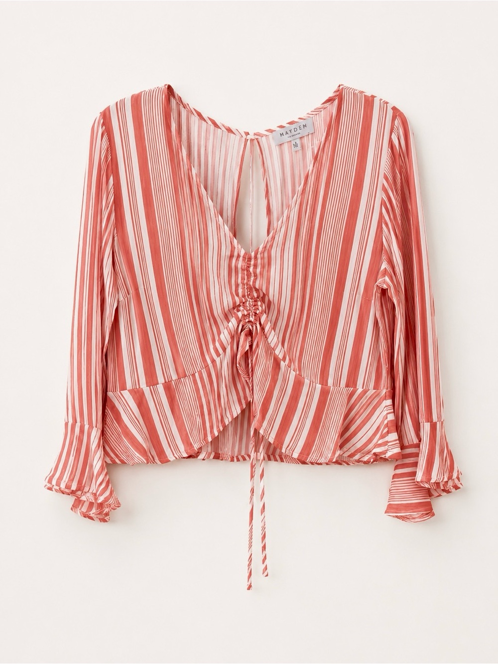 Hayden Coral and Cream Striped Tie-Front Ruffle Top Medium NWT Boho Chic